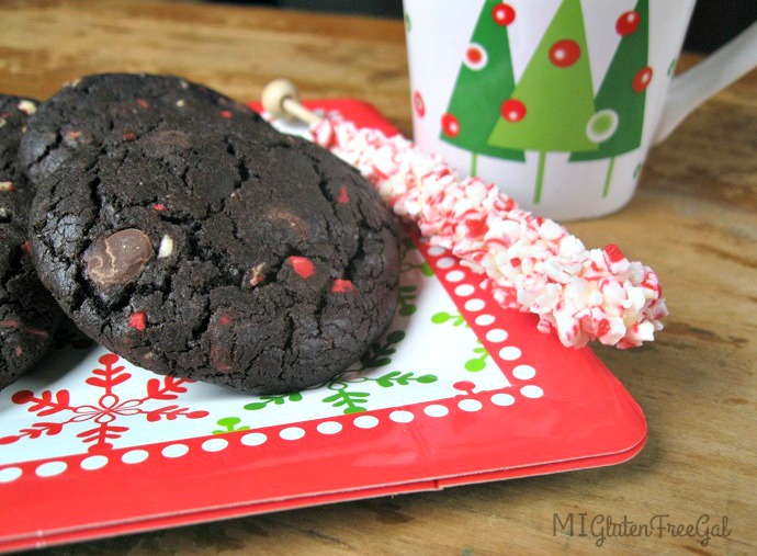 gluten-free-chocolate-peppermint-crunch-cookies-on-plate-with-swizzle-stick-and-mug-min