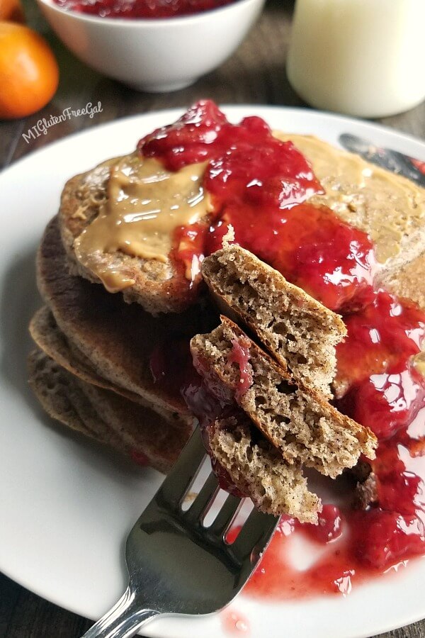 fluffy gluten free buckwheat pancakes bite on fork