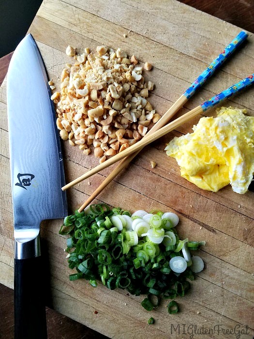 Gluten-Free Pad Thai Santoku Knife peanuts green onions and scrambled eggs