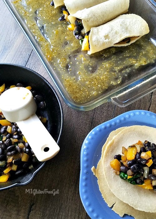 Winking Girl Foods tomatillo salsa tastes great in these gluten-free black bean enchiladas