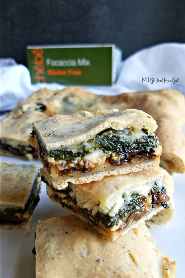 Chebe Focaccia stuffed with caramelized onions, sauteed spinach, feta and mozzarella