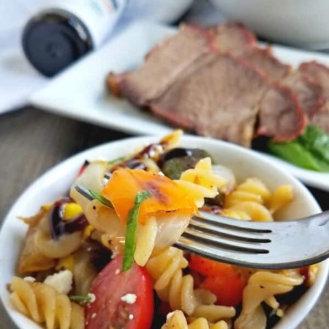 roasted vegetable pasta salad close up