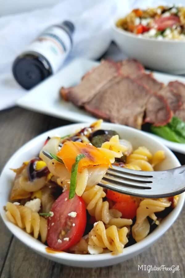 roasted vegetable pasta salad close up