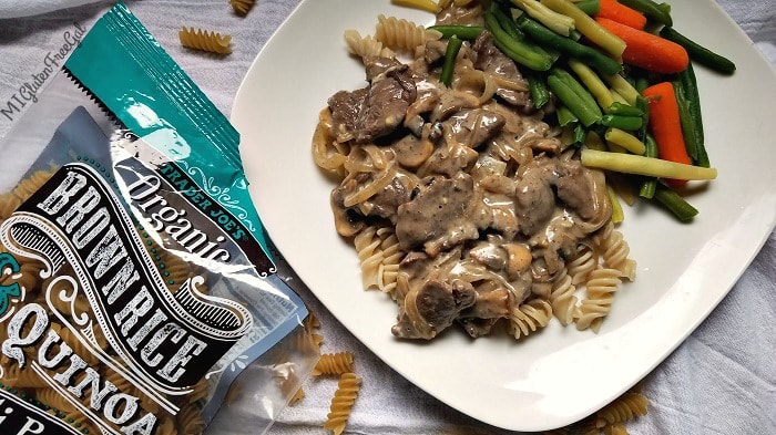 gluten-free beef stroganoff with trader joe's bag