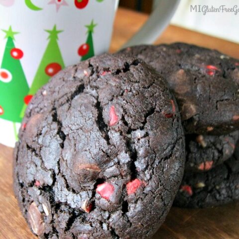 gluten-free chocolate peppermint crunch cookies with mug