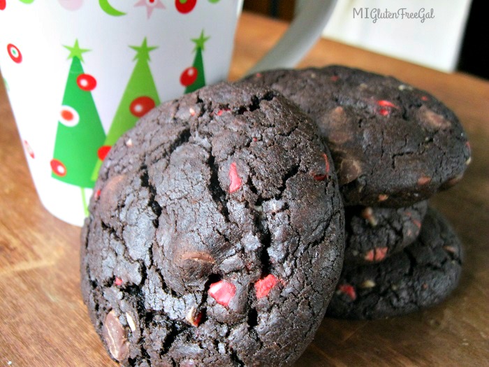 gluten-free chocolate peppermint crunch cookies with mug