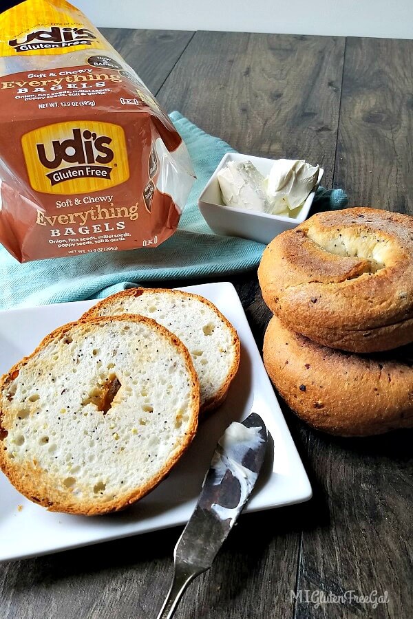 Udi's Everything Inside Bagel with cream cheese (1) MI Gluten Free Gal