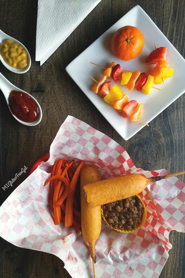 Overhead shot of foster farms gluten free honey crunch corn dogs with kid friendly sides