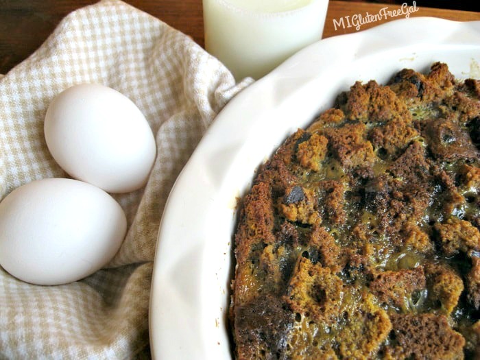 gluten-free pumpkin bread pudding with milk and eggs