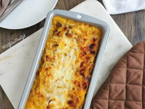 gluten free butternut squash lasagna in pan overhead