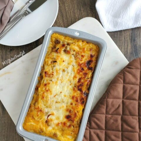 gluten free butternut squash lasagna in pan overhead