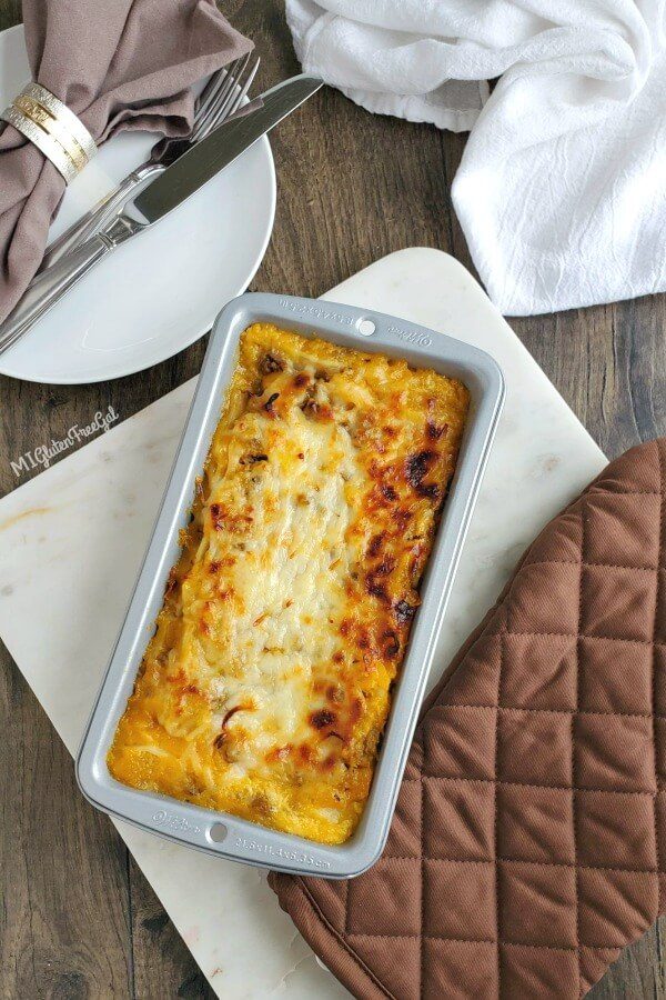 gluten free butternut squash lasagna in pan overhead 