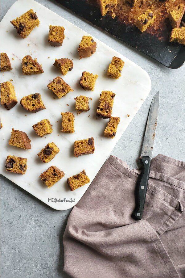 wheat by the wayside gluten free chocolate chip pumpkin bread cubed and dired