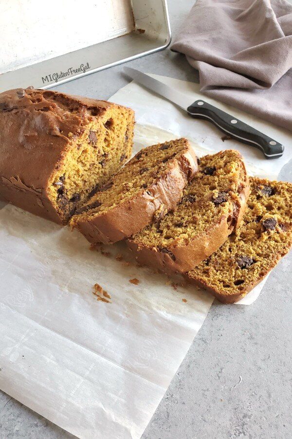 Wheat By the Wayside gluten free chocolate chip pumpkin bread sliced