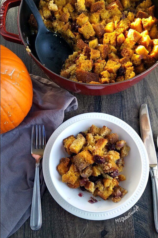 Gluten Free Cornbread Stuffing Served in bowl in table setting