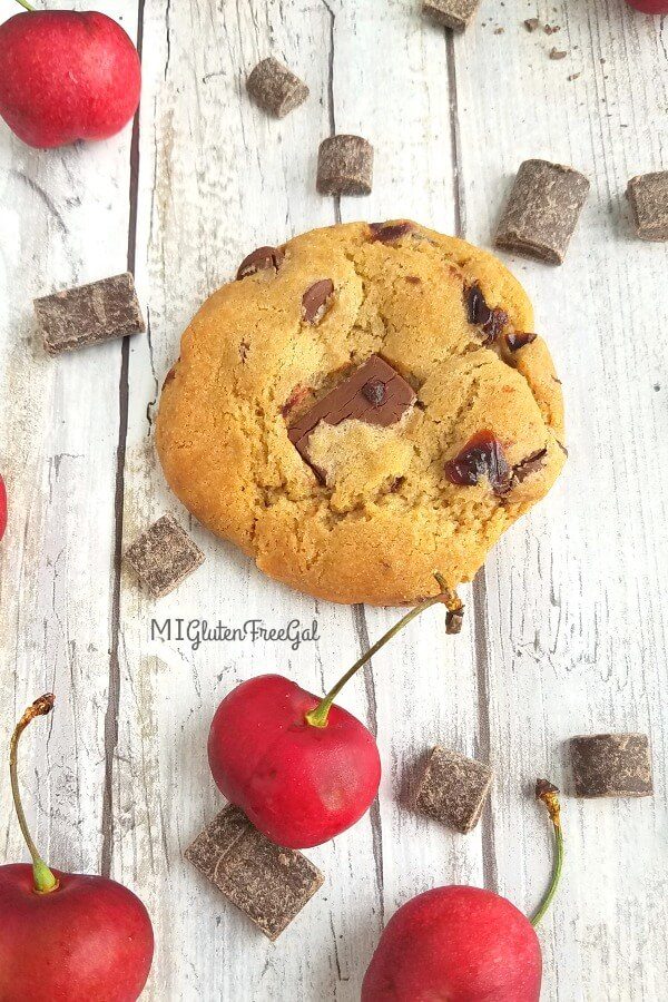 gluten free cherry chocolate chunk cookies update close up on board