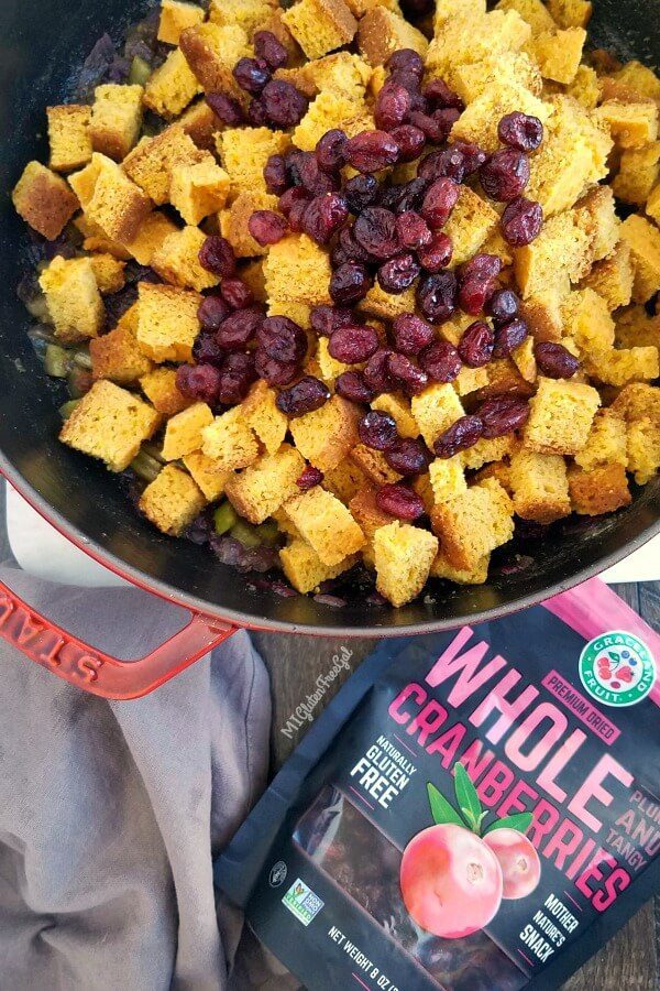 gluten free cornbread stuffing topped with Graceland Fruit Premium Dried Whole Cranberries