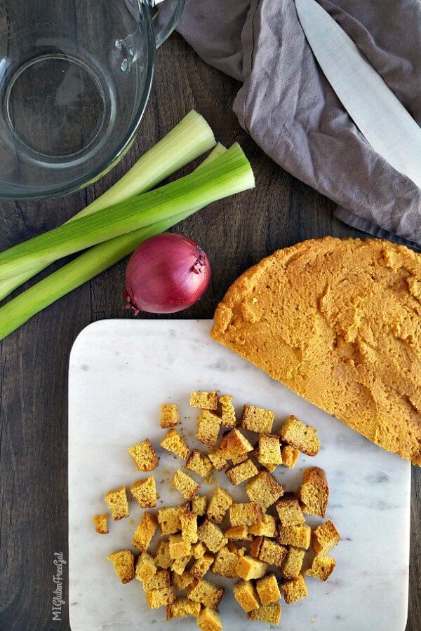 gluten free cornbread stuffing chopped cornbread overhead shot