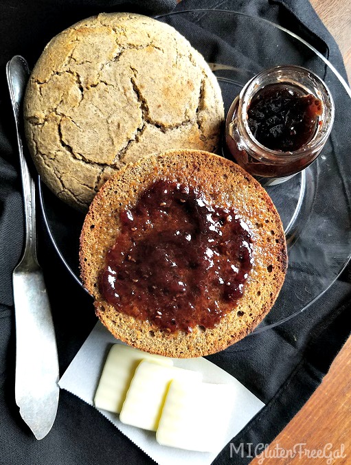 Toasted buckwheat bread with butter and jam