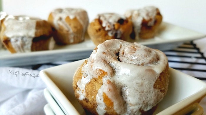 yeast-free chebe cinnamon rolls topped with LOTS of frosting!