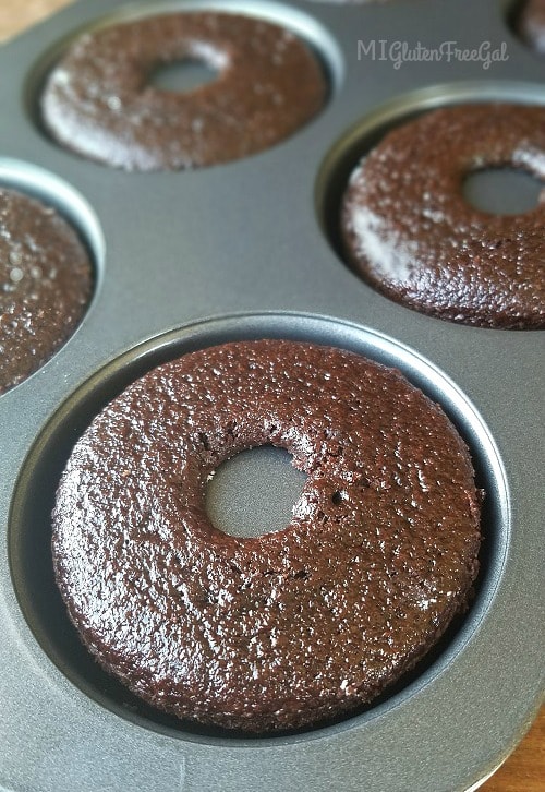 gluten-free chocolate sunbutter donuts baked in a Wilton donut pan