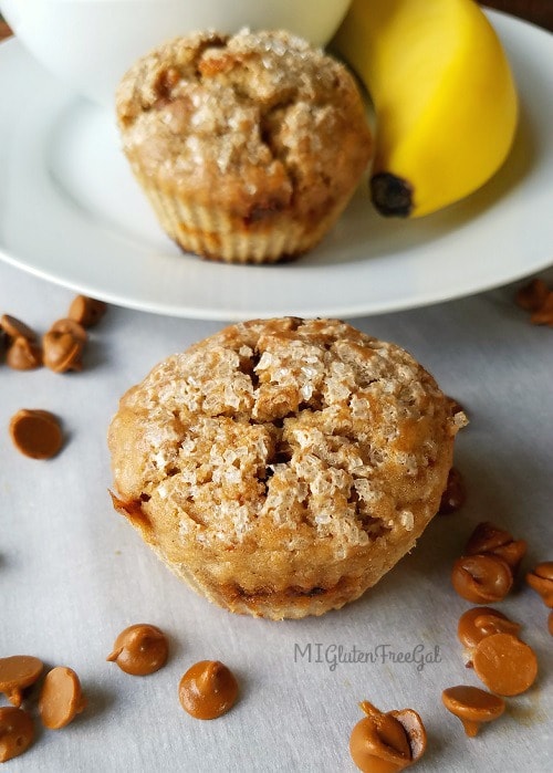 A little dusting of sanding sugar prior to putting these gluten-free banana cinnamon chip muffins in the oven really make them pop! 