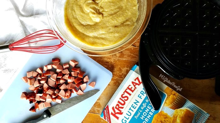 gluten-free corn dog waffles batter made with Krusteaz gluten-free honey cornbread mix