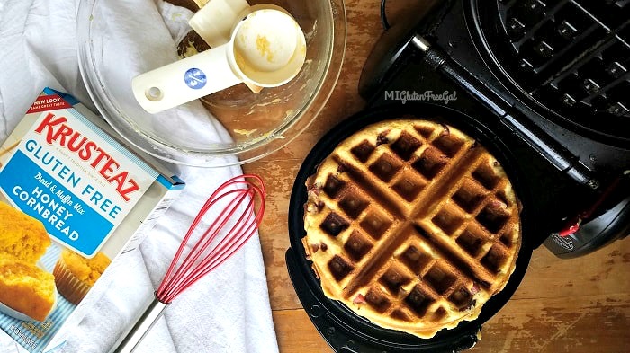 gluten-free corn dog waffles made in dedicate gluten-free waffle maker