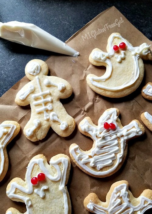 Gluten-Free Halloween Cut Out Cookies ghosts with candy eyes