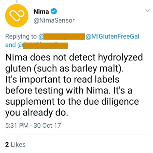 "NIMA does not detect hyrolyzed gluten, such as barley malt" tweet