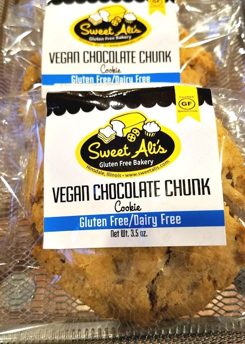 Sweet Ali's Gluten Free Bakery also makes some vegan items, including these vegan chocolate chunk cookies. 