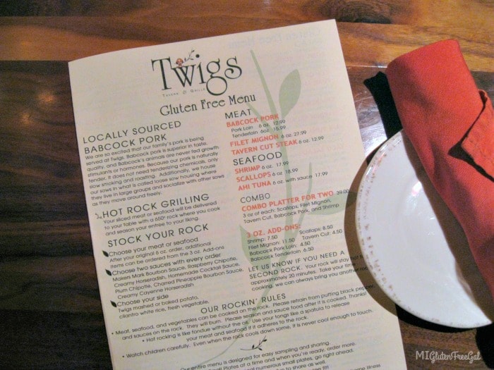 Twigs Tavern and Grille Offers 4 page gluten-free menu