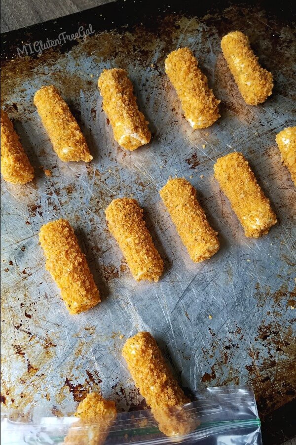 Make up a large batch of these baked mozzarella cheese sticks and freeze them until you're ready to use them