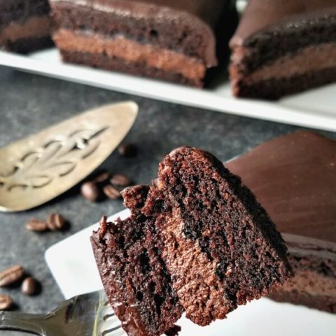 gluten-free mocha cake bite on fork