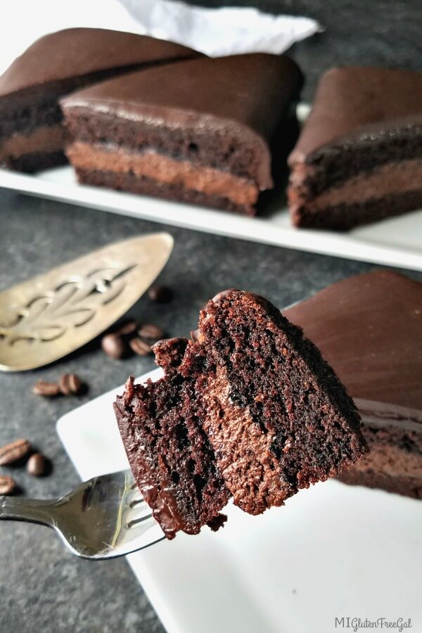 gluten-free mocha cake bite on fork