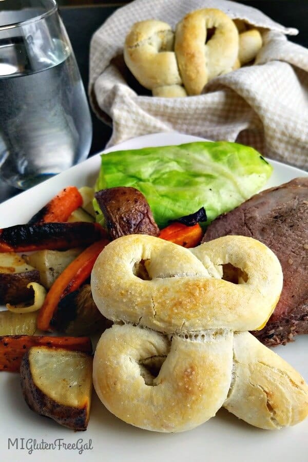 Chebe Grain Free Shamrock Rolls plated with beef, vegetables and cabbage