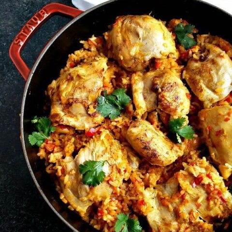 Arroz Con Pollo whole dish in Staub