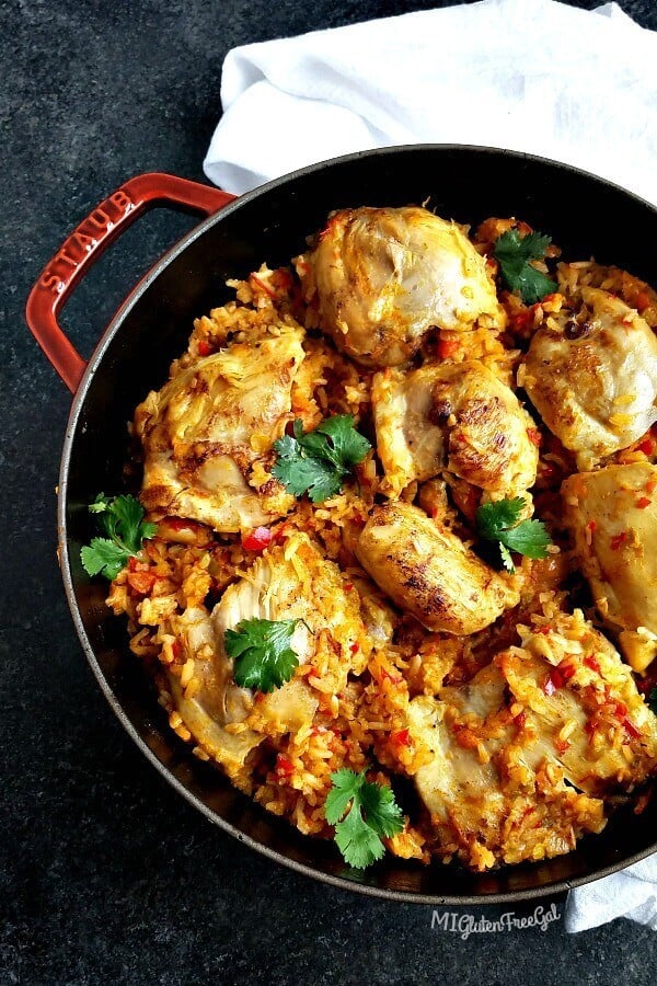 gluten free Arroz Con Pollo whole dish in Staub