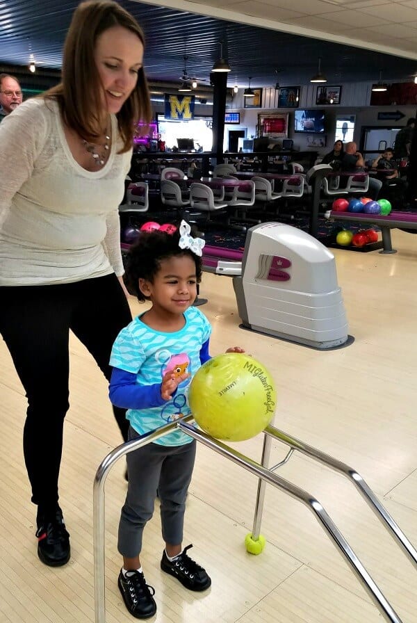 Pintown Pizza and Lanes Bowling Rack for Kids during Gluten Free Outing