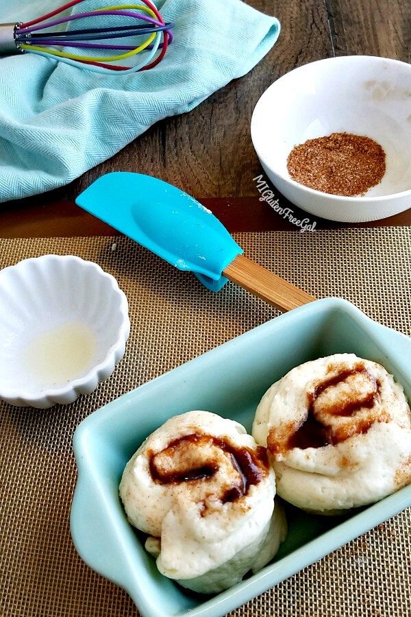 gluten free cinnamon rolls for two in pan