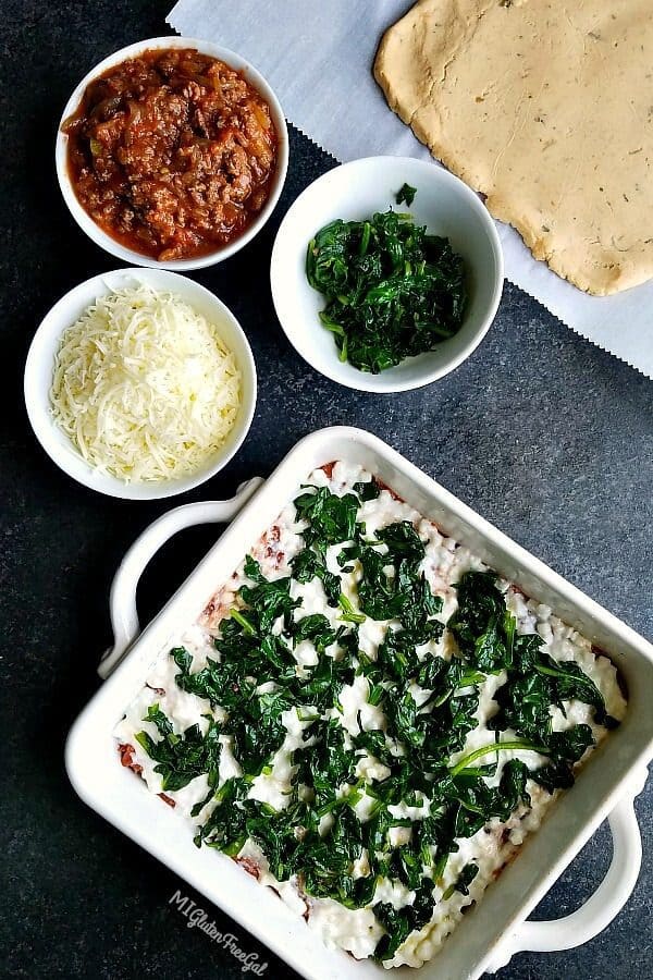 gluten free mexican lasagna first layer, made with gluten free Maseca corn masa flour