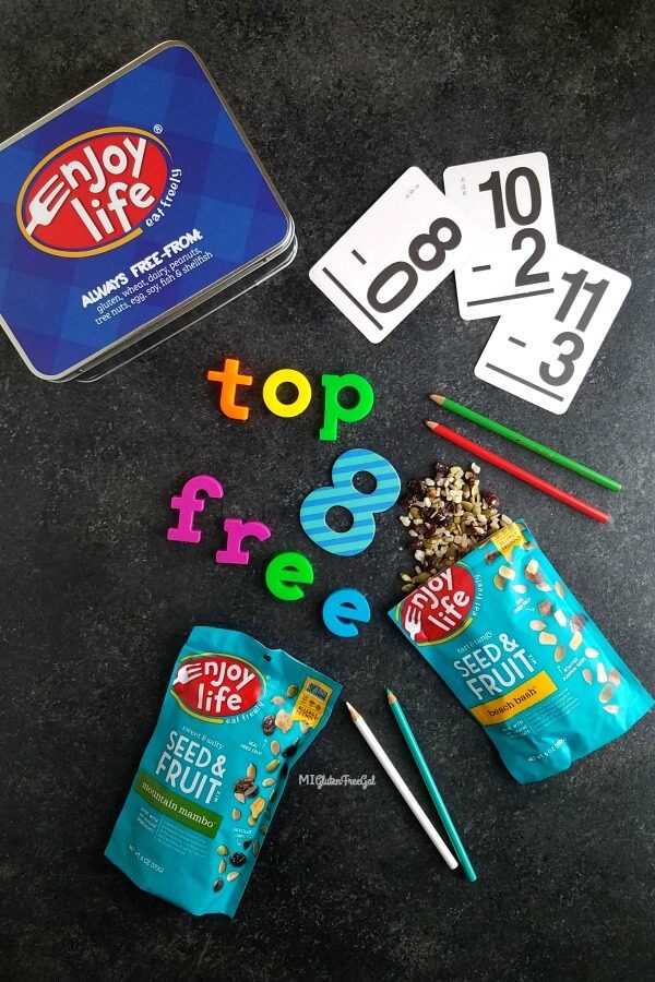 Enjoy Life Foods Back To School Snacks Top 8 Free Seed Fruit MIx with Subtraction Flash Cards and Lunchbox