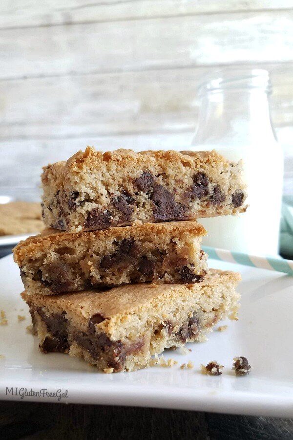Bob's Red Mill Easy gluten free chocolate chip blondies Stacked on Plate