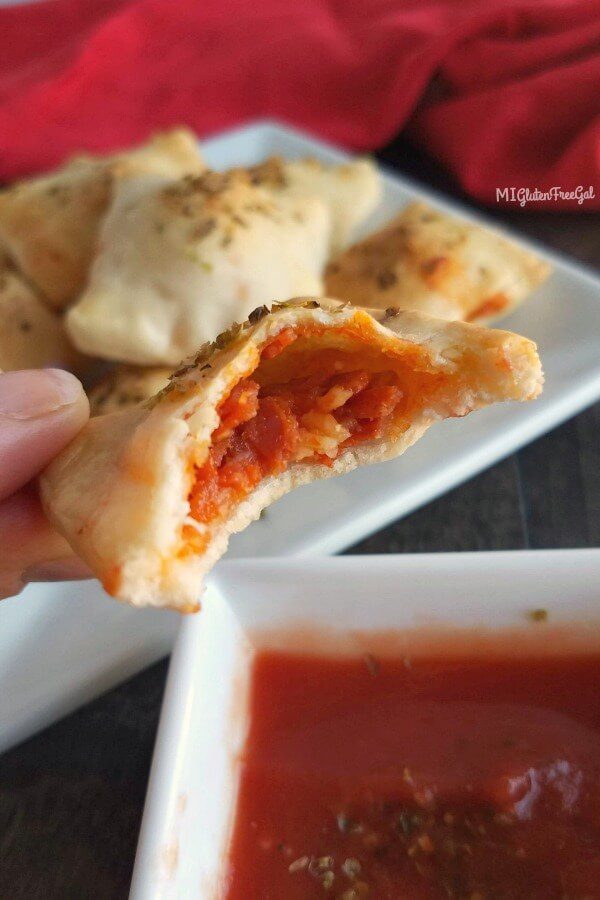 gluten free pizza rolls bite taken