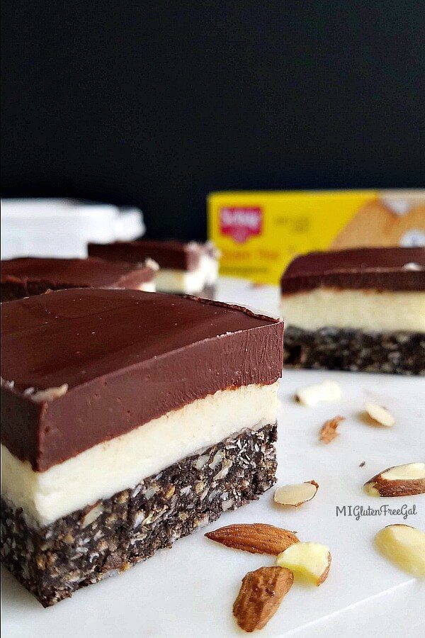 Gluten Free Nanaimo Bars Cut Closeup with Schar box in background