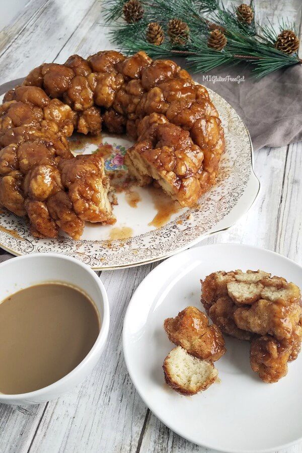 gluten free monkey bread made with Bob's Red Mill Pizza Crust Mix bite taken with coffee