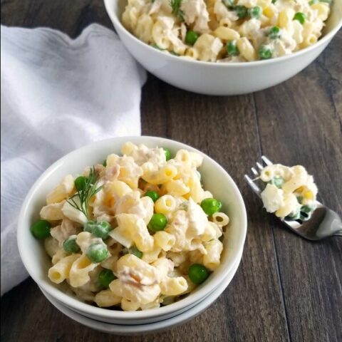 gluten free tuna macaroni salad in serving bowls