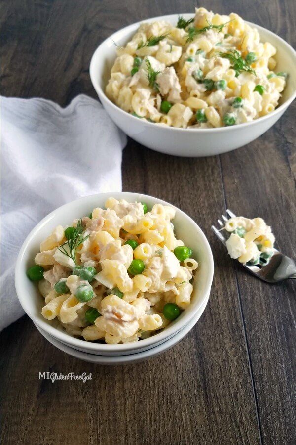 gluten free tuna macaroni salad in serving bowls