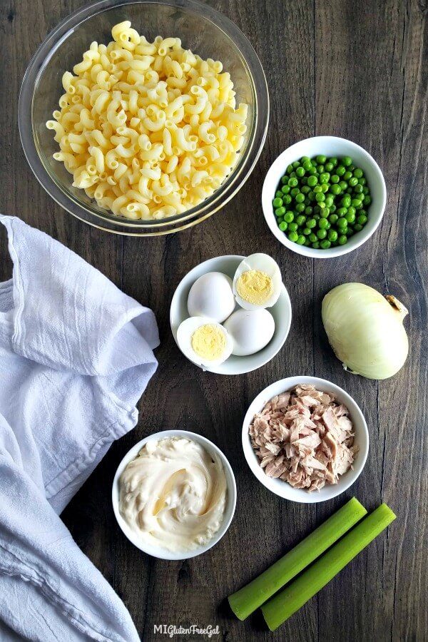 gluten free tuna macaroni salad ingredients mis en place