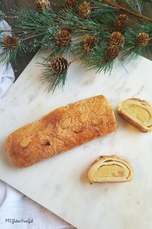 Gluten Free Almond Banket Restuffed on Marble Board made with Schar Puff Pastry